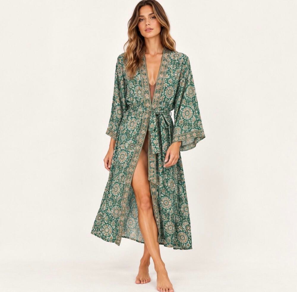 Natalie Martin Diane Silk Floral Print Long Sleeve Kimono Maxi Robe Green Size S